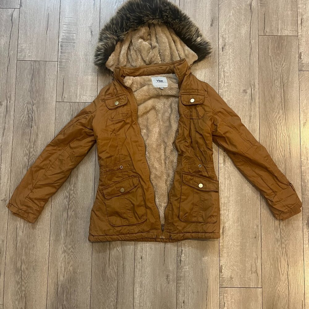YMI tan furry jacket; size small